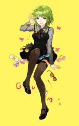  1girl :o absurdres apring arm_support arm_up bad_id bad_pixiv_id black-framed_eyewear black_bow black_bowtie black_dress black_thighhighs bow bowtie breasts character_name dress unworn_eyewear full_body glasses green_eyes green_hair gumi heart heart-shaped_eyewear heart-shaped_glasses highres long_sleeves looking_at_viewer mary_janes medium_breasts monocle open_mouth round_teeth shirt shoes short_hair simple_background sitting solo sunglasses teeth thighhighs vocaloid wing_collar yellow_background  rating:Sensitive score:2 user:danbooru