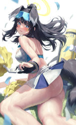  1girl absurdres animal_ears arm_support ass back bad_id bad_pixiv_id banana_oekaki bangle bare_legs bare_shoulders black_hair blue_archive blue_eyes blush bracelet breasts cheerleader crop_top dog_ears dog_girl dog_tail eyewear_on_head goggles goggles_on_head halo hibiki_(blue_archive) hibiki_(cheer_squad)_(blue_archive) highres holding holding_pom_poms jewelry long_hair looking_at_viewer millennium_cheerleader_outfit_(blue_archive) open_mouth pom_pom_(cheerleading) pom_poms ponytail sitting skindentation skirt solo star_sticker sticker_on_face sunglasses tail thighs wet white_skirt  rating:Sensitive score:33 user:danbooru