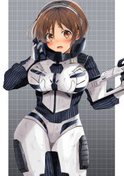 1girl alternate_costume blush body_armor bodysuit breasts brown_eyes brown_hair bullpup clothing_request commission cosplay cowboy_shot electromagnetic_induction_rifle godzilla:_city_on_the_edge_of_battle godzilla:_planet_of_the_monsters godzilla:_the_planet_eater godzilla_(series) grey_hairband gun hairband highres holding holding_weapon infantry-employed_electromagnetic_induction_rifle kantai_collection large_breasts long_sleeves magnetic_weapon military military_uniform natori_(kancolle) open_mouth polygon_pictures railgun short_hair skeb_commission solo spacesuit submachine_gun tani_yuko toho transforming_weapon uniform weapon yunamaro rating:Sensitive score:10 user:danbooru