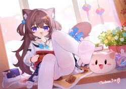  1girl absurdres animal_ear_fluff animal_ears black_choker blue_skirt book brown_hair cat_ears cat_girl choker covering_own_mouth foot_out_of_frame foot_up frilled_skirt frills hair_between_eyes hair_ornament hairclip highres holding holding_book knee_up long_hair open_mouth original panties panties_under_pantyhose pantyhose purple_eyes shirt signature skirt soles solo thighband_pantyhose tsubasa_tsubasa two_side_up underwear white_panties white_pantyhose white_shirt  rating:Sensitive score:38 user:danbooru
