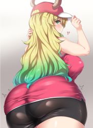 10s 1girl aqua_hair ass bike_shorts black_panties blonde_hair blush breasts brown_background commentary_request curvy gradient_hair green_eyes green_hair heart highres horns huge_ass huge_breasts kobayashi-san_chi_no_maidragon light_smile long_hair looking_at_viewer looking_back moisture_(chichi) multicolored_hair panties plump puffy_nipples lucoa_(maidragon) see-through short_shorts shorts skindentation smile solo thick_thighs thighs tight_clothes underwear rating:Sensitive score:224 user:danbooru