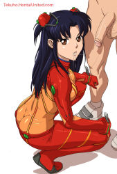  1boy 1girl after_fellatio ass black_hair bodysuit brown_eyes butt_crack clothed_female_nude_male cosplay cum cum_in_mouth cum_string cumdrip evangelion:_2.0_you_can_(not)_advance full_body hetero highres impossible_clothes interface_headset katsuragi_misato lips long_hair looking_at_viewer looking_back neon_genesis_evangelion nude out_of_frame penis plugsuit rebuild_of_evangelion red_bodysuit simple_background skin_tight solo_focus souryuu_asuka_langley_(cosplay) squatting standing tekuho_no_habo test_plugsuit testicles uncensored white_background wide_hips  rating:Explicit score:242 user:danbooru