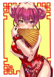  1girl :q absurdres alternate_costume alternate_hairstyle breasts china_dress chinese_clothes cleavage cleavage_cutout clothing_cutout double_bun dress hair_bun hand_fan heterochromia highres holding holding_fan hololive houshou_marine large_breasts long_hair looking_at_viewer ooike_teru print_dress red_dress red_eyes red_hair sleeveless sleeveless_dress solo tongue tongue_out virtual_youtuber yellow_eyes 
