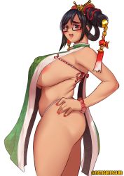  1girl areola_slip bad_id bad_pixiv_id black-framed_eyewear black_hair breasts chinese_clothes eyeshadow from_side glasses hair_rings hand_on_own_hip large_areolae large_breasts makeup mole mole_under_mouth nail_polish nipple_slip nipples no_bra samurai_spirits solo thick_eyebrows thighs updo wu-ruixiang  rating:Explicit score:23 user:DarkSymbiote