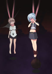  2girls asphyxiation bad_end blue_hair blush bound brown_hair corpse death defeat diamond_li dying full_body guro hanged highres legs magical_girl monster multiple_girls neck_grab open_mouth petite restrained ryona saliva shaking skirt strangling strangling tears tentacles tied_up tongue tongue_out torture trembling weight  rating:Questionable score:37 user:meshareryona