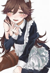  1girl absurdres alternate_costume apron arashio_(kancolle) blush breasts brown_eyes brown_hair dress frills hagioshi highres kantai_collection long_hair looking_at_viewer maid maid_headdress medium_breasts open_mouth pantyhose smile solo torn_clothes white_background 