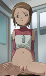  1boy 1girl age_difference bad_tag belly brown_hair camera censored classroom digimon digimon_adventure_02 door feet_out_of_frame female female_focus flat_chest gloves highres indoors loli looking_at_viewer male navel on_table pussy pussy_juice red_eyes sad short_hair sitting spread_legs spread_pussy sweatdrop table wall 