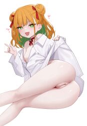  1girl \n/ anus ass bare_legs bell blush breasts choker cleft_of_venus come_hither double_bun fang green_eyes green_hair hair_bun hair_ribbon hashtag-only_commentary heart heart-shaped_pupils highres indie_virtual_youtuber looking_at_viewer neck_bell nipples nujig open_mouth orange_hair pussy red_choker ribbon ribbon_choker shirt simple_background small_breasts smile solo symbol-shaped_pupils tamura_mikan uncensored virtual_youtuber white_background white_shirt  rating:Explicit score:59 user:danbooru