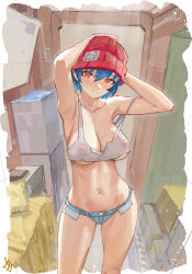 1girl armpits arms_behind_head beanie blue_eyes breasts cleavage collarbone covered_erect_nipples cropped_shirt denim denim_shorts english_text hat head_tilt indoors izumo_fuuko large_breasts light_blush looking_at_viewer midriff navel red_eyes red_hat seductive_smile see-through see-through_shirt short_hair short_shorts shorts smile solo tank_top tomboy undead_unluck yugen99  rating:Sensitive score:113 user:danbooru