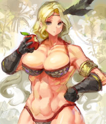 1girl abs amazon_(dragon&#039;s_crown) amazon_warrior apple armlet armor bare_shoulders bikini_armor black_gloves blonde_hair breasts cleavage collarbone dragon&#039;s_crown eating feather_hair_ornament food fruit gloves grey_eyes hair_ornament hand_on_own_hip kazo_(kazozakazo) long_hair medium_breasts muscular muscular_female solo rating:Questionable score:68 user:Ahegao_lmao
