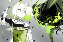  1girl absurdres animal_ear_fluff animal_ears arknights bare_shoulders dress green_dress green_eyes green_hair green_theme grey_background gun hair_between_eyes highres holding holding_gun holding_weapon kal&#039;tsit_(arknights) long_sleeves looking_to_the_side mon3tr_(arknights) monochrome multicolored_hair off-shoulder_jacket off_shoulder parted_lips short_hair simple_background spam_(spamham4506) two-tone_hair weapon white_hair 