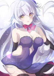  1girl absurdres baou_takeruga black_thighhighs blush bow breasts clothing_cutout dress ex_takehito fate/grand_order fate_(series) hair_ornament highres jeanne_d&#039;arc_alter_(fate) large_breasts long_hair open_mouth pink_bow purple_dress stomach_cutout thighhighs white_hair yellow_eyes 