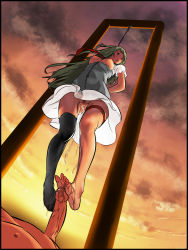  1boy 1girl arms_behind_back asphyxiation beamgundam black_thighhighs breasts breasts_out bridal_garter censored clothed_female_nude_male cloud covered_erect_nipples dress erection execution feet footjob from_below green_hair hanged hetero highres large_breasts legs long_hair looking_down mosaic_censoring necktie no_panties nude original outdoors penis peril pointless_censoring pussy pussy_juice restrained saliva short_dress single_thighhigh skirt sky solo_focus sunset tears thigh_strap thighhighs toes upskirt white_skirt 