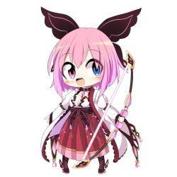  1girl :d belt belt_collar blue_eyes blush blush_stickers boots bow bow_(weapon) breasts brown_belt brown_bow brown_footwear character_request chibi collar commentary_request cross-laced_footwear fang full_body hair_bow heterochromia holding holding_bow_(weapon) holding_weapon hop_step_jumpers juliet_sleeves lets0020 long_sleeves looking_at_viewer medium_bangs medium_breasts open_clothes open_mouth open_shirt pigeon-toed pink_eyes pink_hair pleated_skirt puffy_sleeves red_skirt shirt short_hair simple_background skirt smile solo standing transparent_background weapon white_shirt wide_sleeves 
