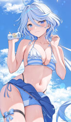  1girl absurdres ahoge bikini bikini_skirt blue_bikini blue_bow blue_eyes blue_hair blue_sky bottle bow breasts cleavage closed_mouth cloud collarbone day furina_(genshin_impact) genshin_impact hands_up highres holding holding_bottle lens_flare long_hair lotion lotion_bottle medium_breasts mismatched_pupils multicolored_hair navel outdoors rosumerii side-tie_bikini_bottom sky solo stomach strap_pull streaked_hair striped_bikini striped_clothes swimsuit thigh_strap very_long_hair white_hair 