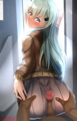 1boy 1girl ass ass_grab between_buttocks blush buttjob buttjob_over_clothes censored dark-skinned_male dark_skin from_behind green_eyes green_hair hair_ornament hairclip hetero highres interracial kantai_collection long_hair looking_at_viewer looking_back penis skirt smile suzuya_(kancolle) sweater void_(pixiv) rating:Explicit score:43 user:JustHere4Butts