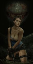  1girl blood breasts brown_hair capcom cleft_of_venus fingerless_gloves gloves gun hunter_gamma imminent_death imminent_vore injury jill_valentine monster ninjartist nipples no_panties pussy resident_evil resident_evil_3 resident_evil_3:_nemesis scratches sewer short_hair torn_clothes weapon 