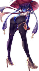 1girl ass black_gloves blue_leotard bow bowtie capelet commentary elbow_gloves from_behind full_body genshin_impact gloves gold_trim hair_bow hair_ornament hat high_heels highleg highleg_leotard highres leotard mona_(genshin_impact) pantyhose shiny_clothes simple_background solo standing thigh_strap twintails uenoryoma white_background rating:Sensitive score:100 user:danbooru