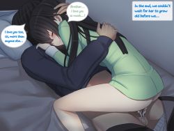  1boy 1girl afterglow ass bed black_hair blush bottomless brother_and_sister censored clothes_pull cum cum_in_pussy english_text girl_on_top happy_sex hetero hug incest loli no_panties no_pants osaru_(yuuen-dou) pajamas pants pants_pull penis sex shino_(osaru) siblings smile testicles thighs vaginal 
