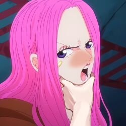  blush cheek_pinching egghead_island hand_on_another&#039;s_chin hand_on_another&#039;s_face jewelry_bonney one_piece piercing pinching pink_hair pov pov_hands purple_eyes third-party_edit  rating:General score:9 user:NgulAMammita