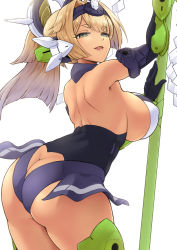 1girl ass ass_cutout bangs blonde_hair blush breasts butt_crack character_request clothing_cutout headgear heart_cutout highres holding large_breasts long_hair megami_device open_mouth pole ponytail sideboob simple_background smile solo takayama_chihiro white_background yellow_eyes