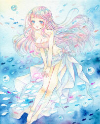  1girl absurdres air_bubble amu_(m_aa) anklet barefoot bead_anklet blue_eyes blush bubble earrings fingernails hands_on_own_legs highres jewelry long_hair marker_(medium) navel open_mouth original painting_(medium) pink_hair school_of_fish shell shell_bikini solo starfish toenails traditional_media underwater very_long_hair watercolor_(medium) 