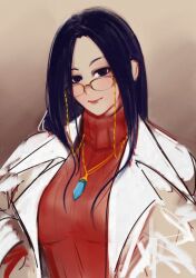  1girl blue_eyes blue_hair breasts cape doctor glasses hand_on_own_hip highres justice_gakuen large_breasts long_hair looking_at_viewer mature_female minazuki_kyouko reavernk smile solo 