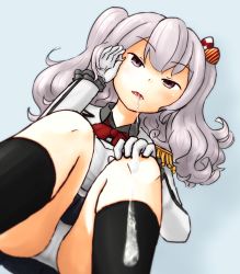  1girl epaulettes from_below gloves grey_hair jacket kantai_collection kashima_(kancolle) looking_at_viewer military military_jacket military_uniform panties parins pov saliva spitting twintails underwear uniform  rating:Questionable score:17 user:ignoremoi