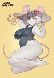  1girl animal_ears barefoot borrowed_character breasts commentary crab curvy flower full_body furry furry_female hat hat_flower highres large_breasts mole mole_under_mouth mouse_ears mouse_girl mouse_tail norasuko one-piece_swimsuit original pinup_(style) red_eyes short_eyebrows short_hair simple_background skin_tight snout solo sun_hat swimsuit tail thick_thighs thighs  rating:Sensitive score:54 user:danbooru