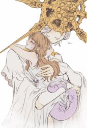  1boy 1girl blonde_hair brother_and_sister closed_eyes closed_mouth company_captain_yorshka dark_souls_(series) dark_souls_i dark_souls_iii dark_sun_gwyndolin detached_sleeves dragon_tail dress gold_headwear grey_dress grey_hair highres hug long_hair long_sleeves parted_lips pointy_ears short_hair short_sleeves siblings simple_background smile spiked_helmet tail teeth translation_request white_background zunkome 