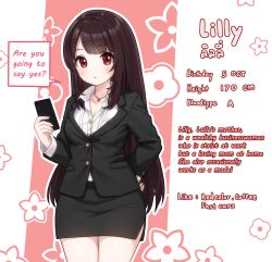  1girl black_jacket black_skirt brown_hair business_suit cellphone character_name comodomodo english_text formal hair_ornament hairclip hand_on_own_hip highres jacket jewelry lilly_(comodomodo) long_hair necklace office_lady original phone red_eyes shirt skirt skirt_suit smartphone solo suit thighs white_shirt 