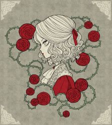 1girl ascot bloodborne border brooch character_request curly_hair eleanor_(ohmyeleanor) eyelashes flower from_side grey_background hair_ribbon jewelry lace lace_border limited_palette lips lipstick mackintosh_rose makeup medium_hair necklace ornate_border patterned_background plant red_ribbon ribbon rose solo thorns upper_body vines