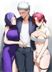 1boy 2girls archer_(fate) bare_shoulders blush boudica_(fate) breasts cleavage closed_eyes commentary_request commission dress fate/grand_order fate_(series) grey_eyes large_breasts minamoto_no_raikou_(fate) multiple_girls parted_bangs pixiv_commission purple_dress purple_eyes purple_hair red_hair short_hair short_ponytail tamamoice white_hair