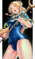  1girl alternate_costume ambrosia_(dungeon_meshi) artist_name black_background blonde_hair blue_capelet blue_one-piece_swimsuit braid breasts bright_pupils capelet commentary covered_navel cowboy_shot dungeon_meshi elf erde00 floating_hair from_below green_eyes highres holding holding_staff long_hair long_pointy_ears looking_to_the_side mage_staff marcille_donato medium_breasts old_school_swimsuit one-piece_swimsuit open_mouth outside_border pillarboxed pointy_ears school_swimsuit solo staff standing swimsuit teeth tongue twin_braids v-shaped_eyebrows very_long_hair wet wet_clothes wet_swimsuit white_pupils 