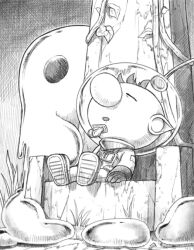  1boy big_nose buttons closed_eyes commentary_request full_body gloves greyscale helmet hole_in_head leaf monochrome naru_(wish_field) nintendo olimar open_mouth patch pikmin_(series) plant plasm_wraith pointy_ears radio_antenna short_hair sitting slime_(creature) slime_(substance) space_helmet spacesuit tree unconscious very_short_hair vines whistle 