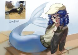 1boy 1girl :d arm_support belt blue_eyes blue_hair breasts brown_belt brown_jacket cleavage collared_shirt cosplay drill_hair drill_sidelocks fins flat_cap full_body glasses hat head_fins highres himuhino jacket long_sleeves medium_hair mermaid monster_girl open_mouth photo-referenced shirt sidelocks small_breasts smile touhou wakasagihime yellow_shirt zun zun_(cosplay) zun_hat