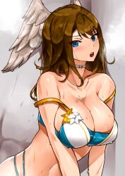  1girl absurdres asymmetrical_bangs bikini blue_bikini blue_eyes breast_tattoo breasts brown_hair choker cleavage eunie_(xenoblade) feathered_wings head_wings highres large_breasts long_hair looking_at_viewer multi-strapped_bikini_bottom off_shoulder official_alternate_costume open_mouth simple_background solo swimsuit tattoo two-tone_bikini wet white_bikini white_choker white_wings wings xenoblade_chronicles_(series) xenoblade_chronicles_3 yotsuha_uni 