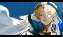  1boy arabian_clothes artist_name au_(d_elete) black_border blonde_hair blue_background border closed_mouth earrings expressionless fate/grand_order fate_(series) gilgamesh gilgamesh_(caster)_(fate) gilgamesh_(fate) hair_between_eyes jewelry male_focus portrait red_eyes sidelocks signature simple_background solo turban 