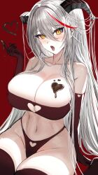  1girl absurdres aegir_(azur_lane) azur_lane bare_shoulders black_horns blush breasts candy chocolate chocolate_heart chocolate_on_hand cleavage elbow_gloves food food_on_hand gloves groin hair_between_eyes hair_on_horn heart heart_bra heart_panties heart_print highres horns huge_breasts kaki_z3 multicolored_hair navel open_mouth panties print_panties red_background red_gloves red_hair red_panties red_thighhighs simple_background skindentation slit_pupils solo stomach streaked_hair thighhighs tongue tongue_out underwear white_hair yellow_eyes 