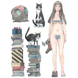  1girl bar_censor barefoot book book_stack breasts cat censored closed_mouth collarbone expressionless full_body hammer holding holding_hammer holding_shoes long_hair looking_at_viewer medium_breasts navel nude original shoes short_bangs standing toes transparent_background tsuruta_kenji 