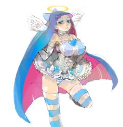  10s 1girl angel angel_wings bare_shoulders blue_hair bow breasts choker colored_eyelashes colored_inner_hair frills hair_bow halo heart huge_breasts long_hair multicolored_hair panties panty_&amp;_stocking_with_garterbelt pantyshot skirt solo standing standing_on_one_leg stocking_(psg) striped_clothes striped_panties striped_thighhighs tegaki thighhighs two-tone_hair underwear upskirt wings yamimakuri20  rating:Sensitive score:38 user:danbooru