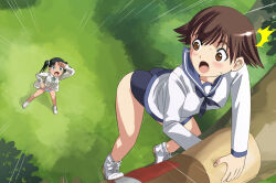  2girls ass black_hair blush breasts brown_eyes brown_hair climbing_tree francesca_lucchini green_eyes hosoinogarou looking_at_another military_uniform miyafuji_yoshika multiple_girls open_mouth outdoors school_uniform short_hair small_breasts strike_witches tree twintails uniform world_witches_series 