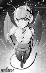 1boy bulge chilchuck_tims crossdressing demon_boy demon_wings dungeon_meshi elbow_gloves gloves halfling horns looking_at_viewer lovettica male_focus monochrome nipples pectorals shota solo tail wings