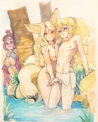 3girls absurdres animal_ear_fluff animal_ears arm_support blonde_hair blush breasts commentary completely_nude copyright_request day desert english_commentary feet_out_of_frame flat_chest fox_ears fox_tail futa_with_female futanari green_eyes grin hair_tie hand_up harpy heart heart-shaped_pupils highres large_breasts long_hair medium_breasts monster_girl multiple_girls multiple_tails nude oasis outdoors painting_(medium) palm_tree parted_lips penis pink_hair ponytail red_eyes reno_coffee smile standing sunlight symbol-shaped_pupils tail thick_eyebrows thick_thighs thighs traditional_media tree watercolor_(medium) winged_arms wings rating:Explicit score:109 user:danbooru