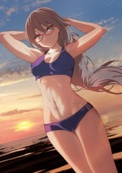  1girl abs absurdres armpits arms_up blue_eyes breasts brown_hair cleavage closed_mouth clothes_writing covered_erect_nipples cowboy_shot dutch_angle evening expressionless floating_hair glasses gradient_sky highres horizon laa_jii_shii lens_flare long_hair looking_at_viewer medium_breasts navel ocean outdoors red-framed_eyewear sky solo sports_bra standing stomach sun sunlight sunset sweat thighs toned tsurime water wind 