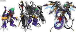 bandai bandana bandana_around_neck black_vest brass_knuckles claws colored_skin commentary_request copyright_name digimon digimon_(creature) digimon_liberator dragon electric_guitar energy_wings evolutionary_line fewer_digits full_body green_eyes green_hair guitar heavymetaldramon instrument loudmon mechanical_wings mohawk muscular official_art punkmon purple_skin red_bandana red_eyes sharp_teeth short_hair simple_background skull_print speaker spiked_hair teeth vest weapon white_background wings