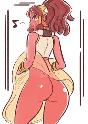 1girl ass bracelet brown_hair cleft_of_venus colored_skin dimples_of_venus hair_ornament highres indivisible jewelry long_hair looking_back ponytail pussy red_skin ring scruffyturtles shiny_skin zahra_(indivisible)  rating:Explicit score:36 user:Ggastino338