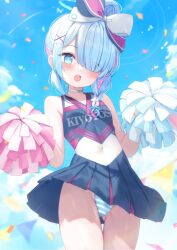  1girl :d arona_(blue_archive) bare_arms bare_shoulders blue_archive blue_dress blue_eyes blue_hair blue_sky blush bow braid breasts cheerleader choker cloud collarbone commentary_request covered_navel day dress gluteal_fold groin hair_bow hair_bun hair_ornament hair_over_one_eye hairclip highres looking_at_viewer multicolored_hair open_mouth outdoors panties petals pink_hair pleated_dress pom_pom_(cheerleading) saeki_sora single_braid sky small_breasts smile solo standing striped_clothes striped_panties thigh_gap two-tone_hair underwear white_bow white_choker x_hair_ornament  rating:Sensitive score:22 user:danbooru