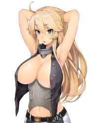 10s 1girl :o adjusting_hair ahoge armpits arms_up bare_shoulders belt black_vest breasts buttons clothes_writing collar collarbone corset hair_between_eyes hands_in_hair highres iowa_(kancolle) kantai_collection large_breasts long_hair looking_at_viewer navel no_headwear open_clothes open_mouth open_vest shiny_skin siesta_(artist) simple_background sleeveless solo star-shaped_pupils star_(symbol) stomach symbol-shaped_pupils tsurime unbuttoned upper_body very_long_hair vest white_background rating:Questionable score:55 user:danbooru