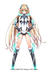  1girl angela_balzac bare_shoulders blonde_hair blue_eyes breasts commentary copyright_notice covered_navel deva_battle_suit elbow_gloves gloves hands_on_own_hips headgear highleg highleg_leotard impossible_clothes impossible_leotard leotard long_hair looking_at_viewer low_twintails medium_breasts official_art rakuen_tsuihou saitou_masatsugu simple_background smile solo standing thigh_strap twintails very_long_hair white_background 